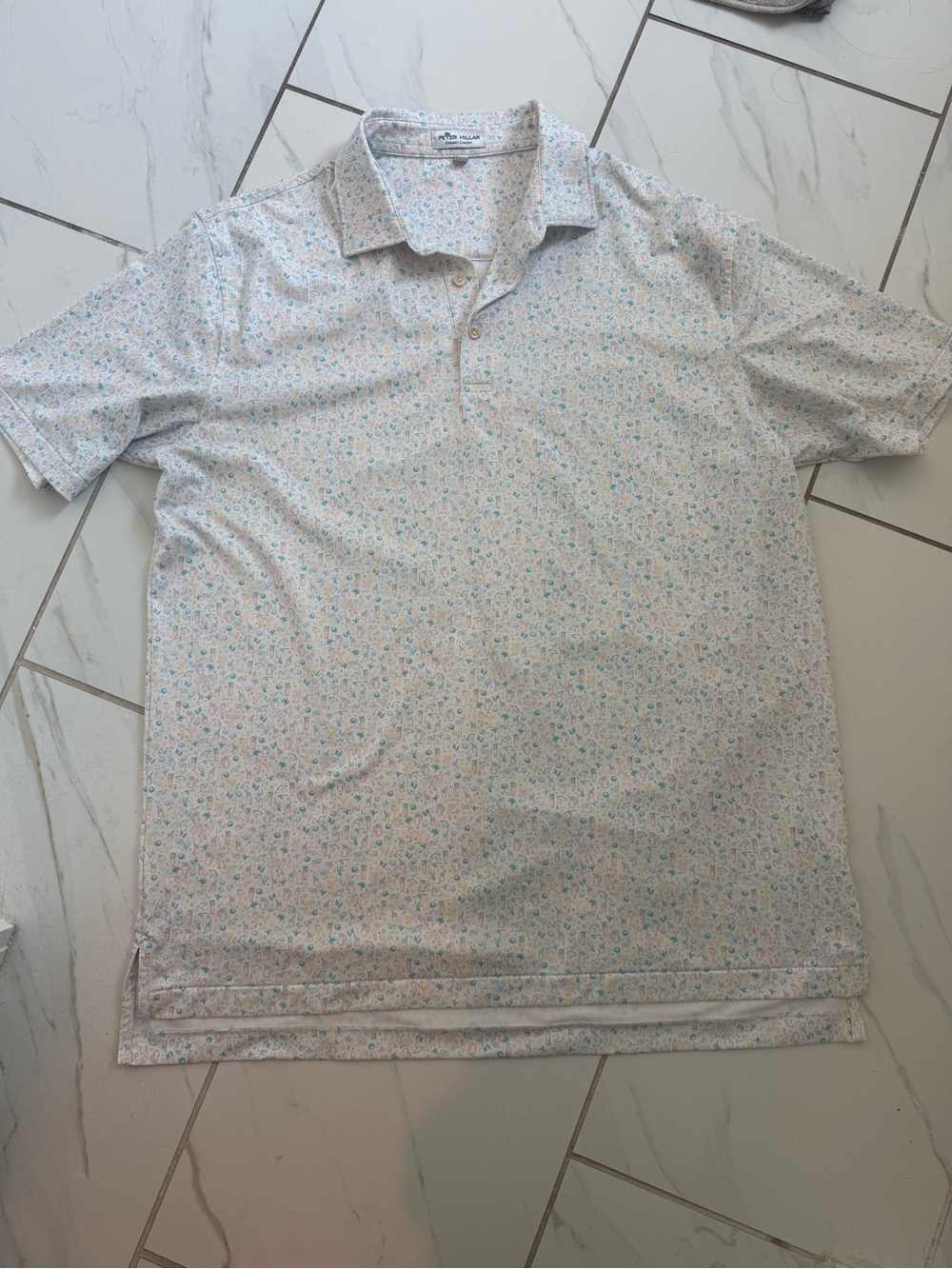 Peter Millar Light Floral Print Polo in White with Blue & Pink Accents